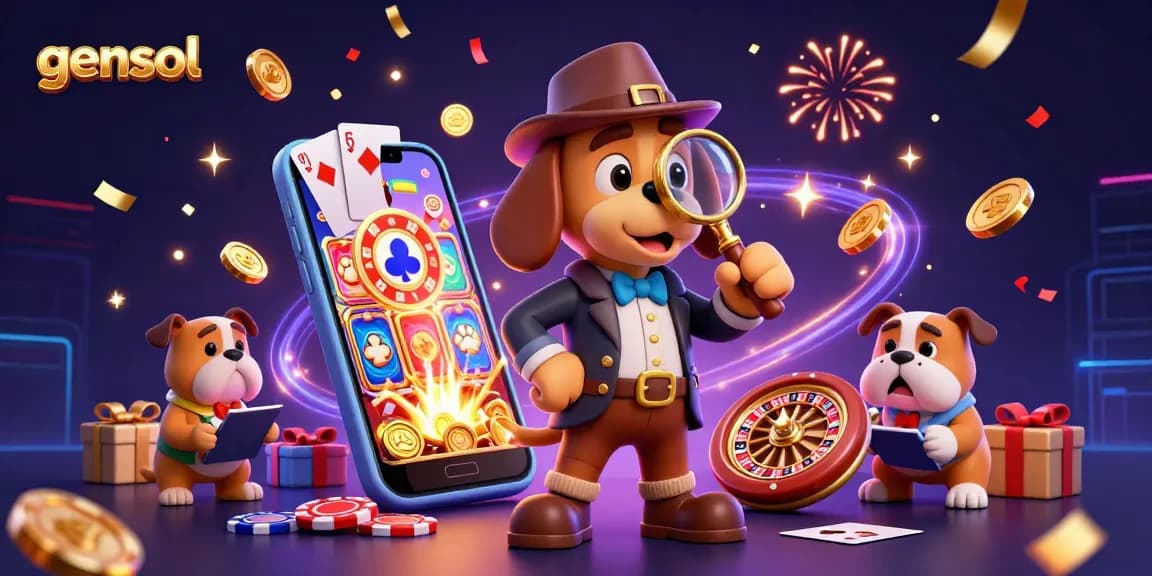 Detective bloodhound investigates poker chip clues at gensol-themed casino with vibrant slot elements.