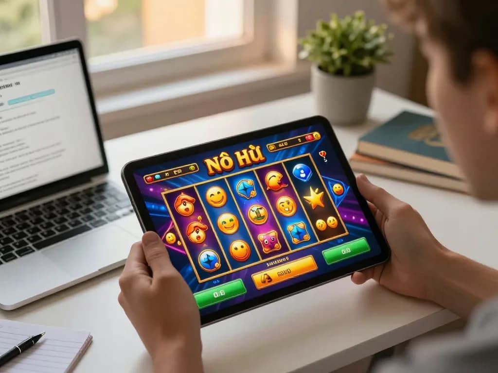 Nổ hũ gameplay displayed on tablet with vibrant spinning reels and engaging animations