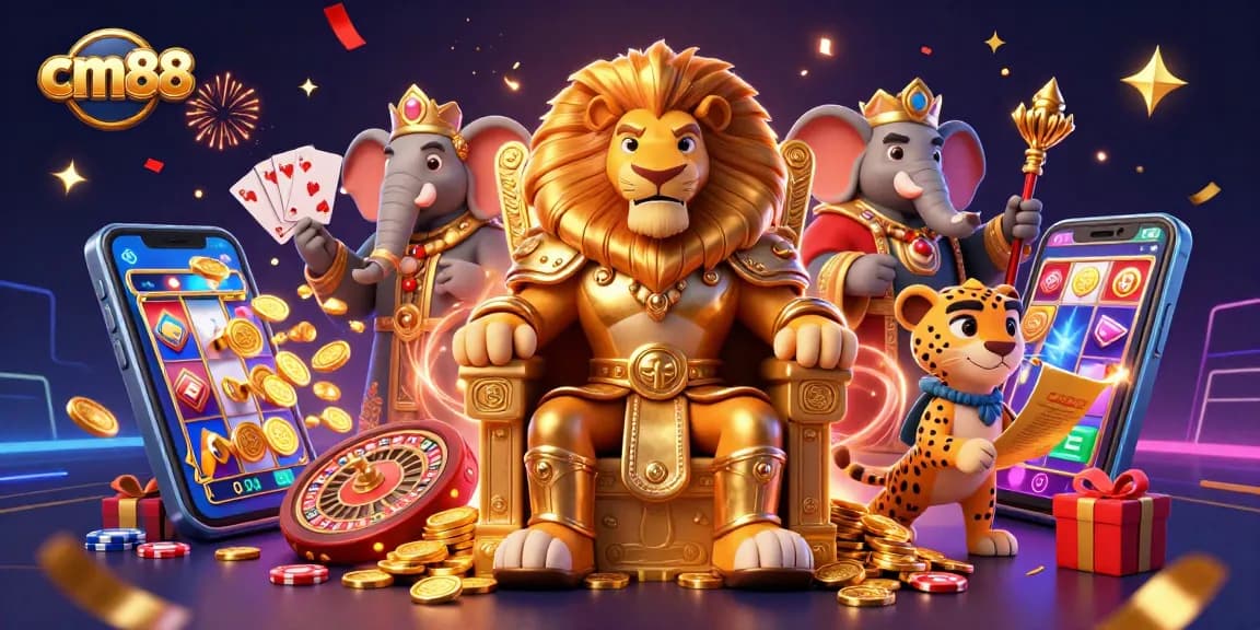 Engage with the vibrant excitement of cm88, featuring a regal lion king with casino elements and dynamic game displays.