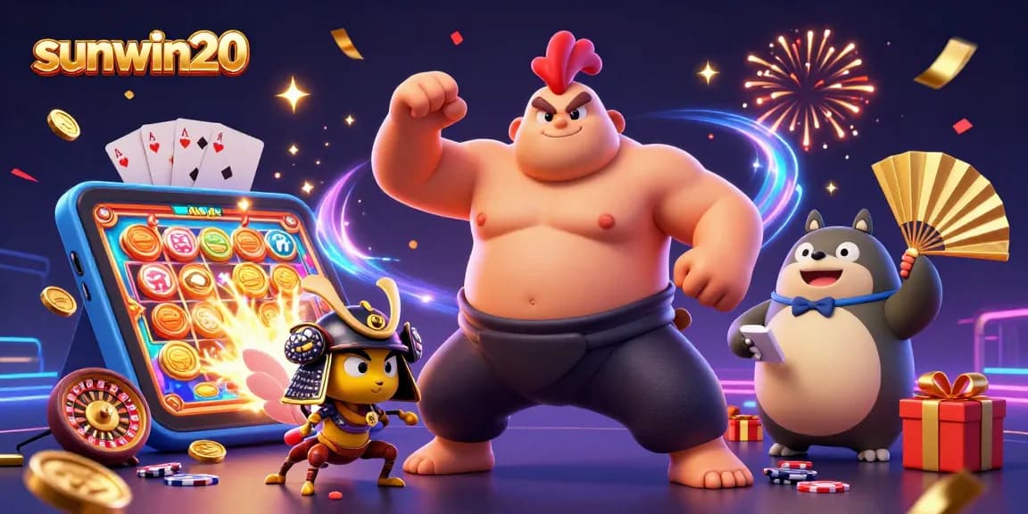 Experience thrilling gaming with sunwin20 as a powerful sumo rooster stomps amidst dynamic casino elements.