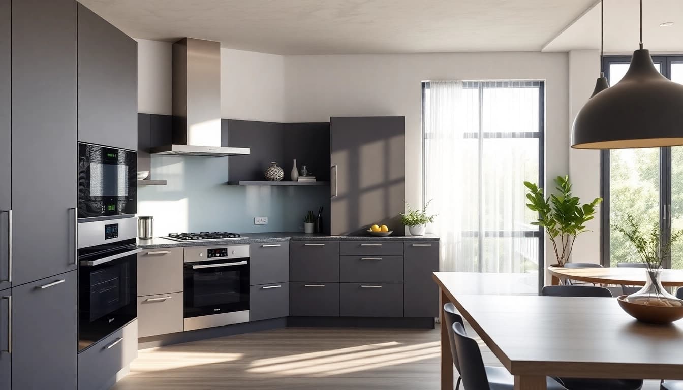 Showcase stylish уреди за вграждане in a contemporary kitchen setting with elegant design elements.