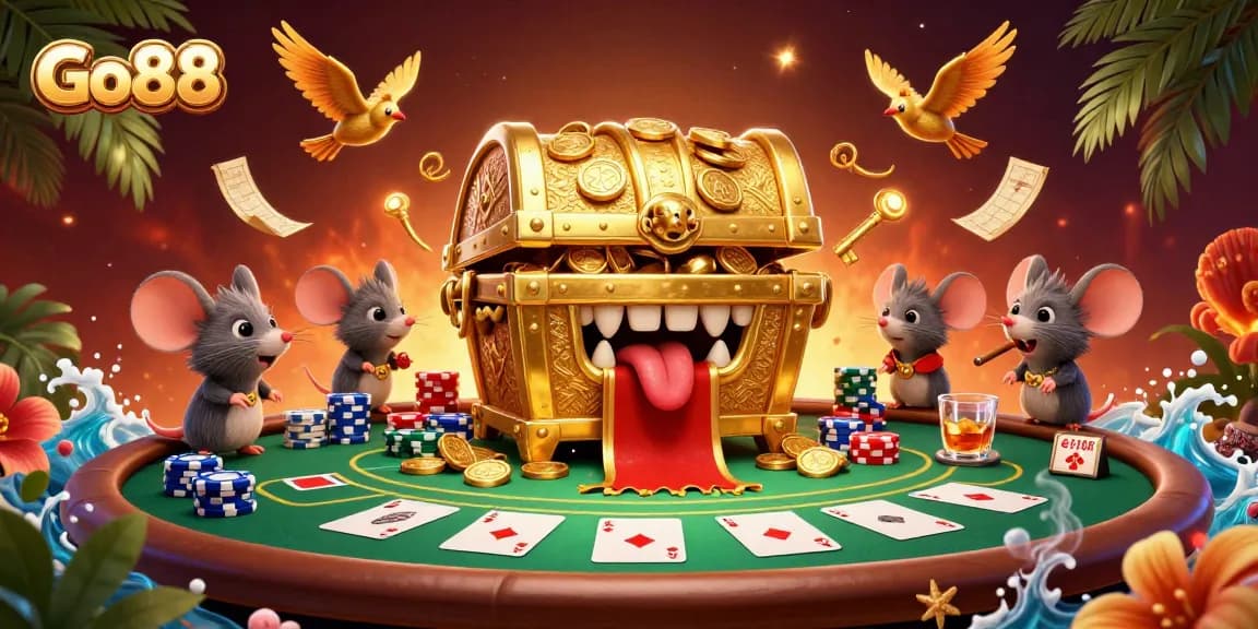 Experience the thrill of Go88 with a treasure chest, poker elements, and vibrant casino atmosphere.