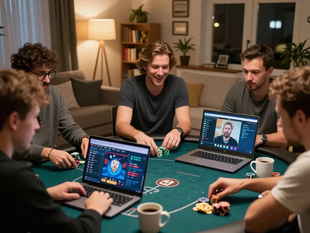 Players engage intensely in online poker at 888slot, showcasing excitement and strategy during a home game.