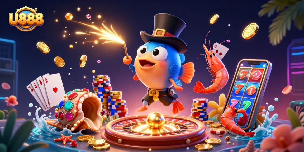 Spin and win at U888 with captivating characters and vibrant casino elements in a dazzling 3D scene.