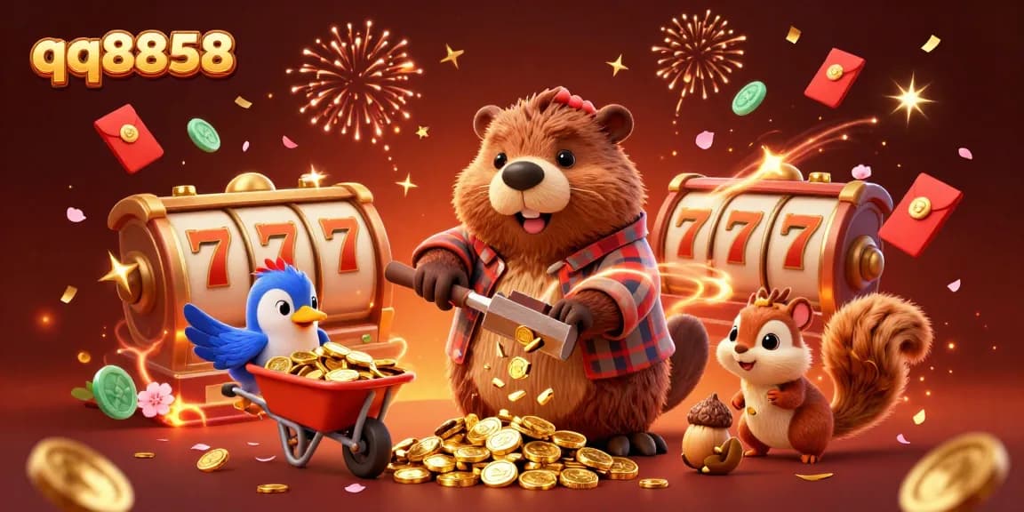 Engaging illustration of qq8858 with a beaver collecting coins amid slot reels and festive decorations.