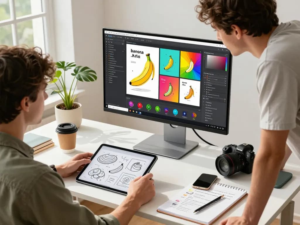 Graphic designer using nano banana pro AI editor in a creative workspace.