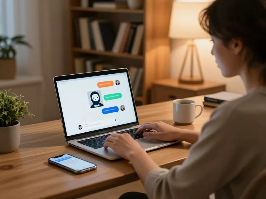 Person engaging in sex chat AI conversation at home, relaxed atmosphere.