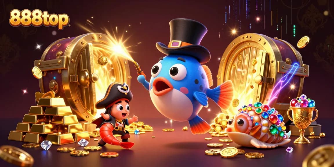 Spin to win at 888top with sparkling treasures and adventurous sea creatures in a vibrant casino scene.