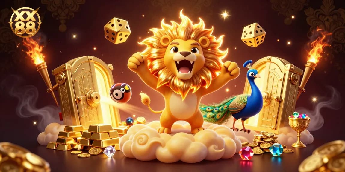 Experience the thrill of xx 88 with a triumphant sun lion and golden treasures in a vibrant casino scene.