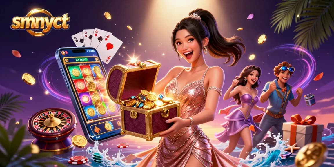 Win big with smnyct as a stunning woman showcases treasures in a lively casino atmosphere.