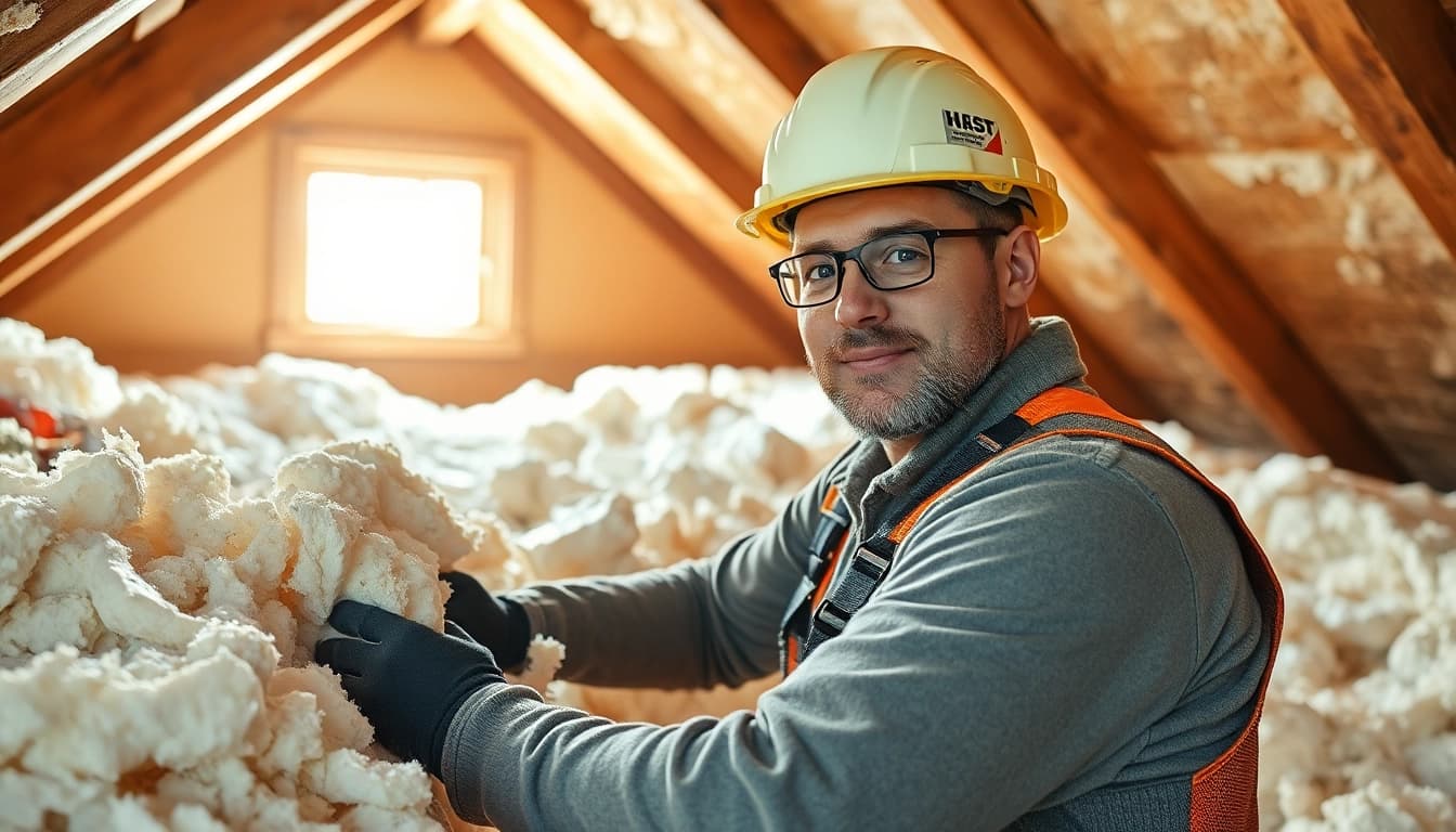 Loft insulation removal specialist efficiently removing insulation in a well-lit attic.