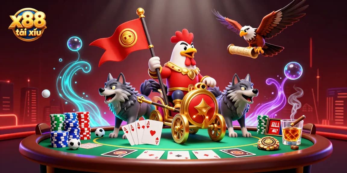 x88 tài xỉu action in a 3D illustration featuring a rooster warlord, poker elements, and sports betting