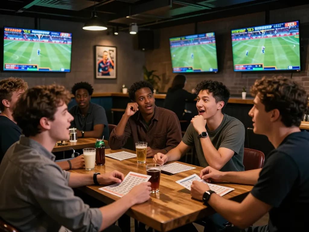 FO88 sports bettors enjoying a lively atmosphere with screens and drinks