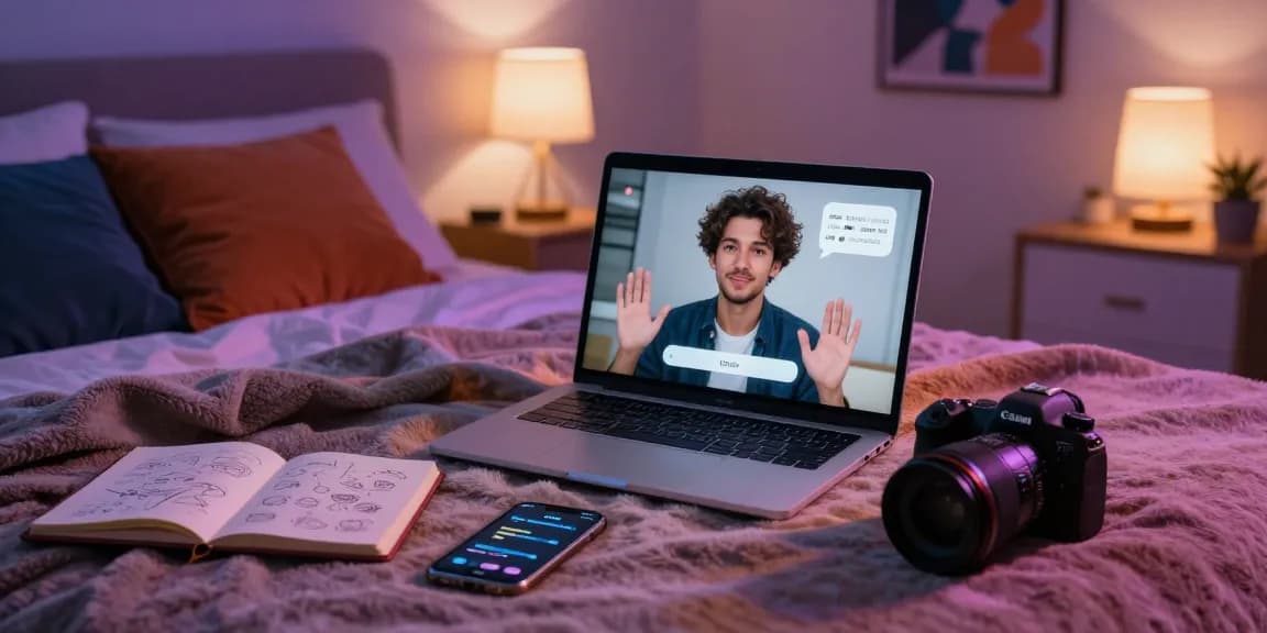 User engaging with lifelike nsfw ai character on a laptop in a cozy bedroom setting with ambient lighting.