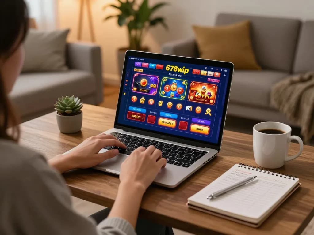 Engaging online gambling experience at 678vip with a cozy home setup, laptop displaying games.