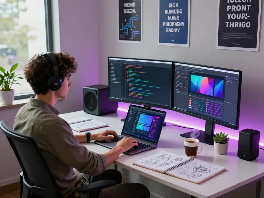 Developer working with open claw software in a vibrant tech workspace.