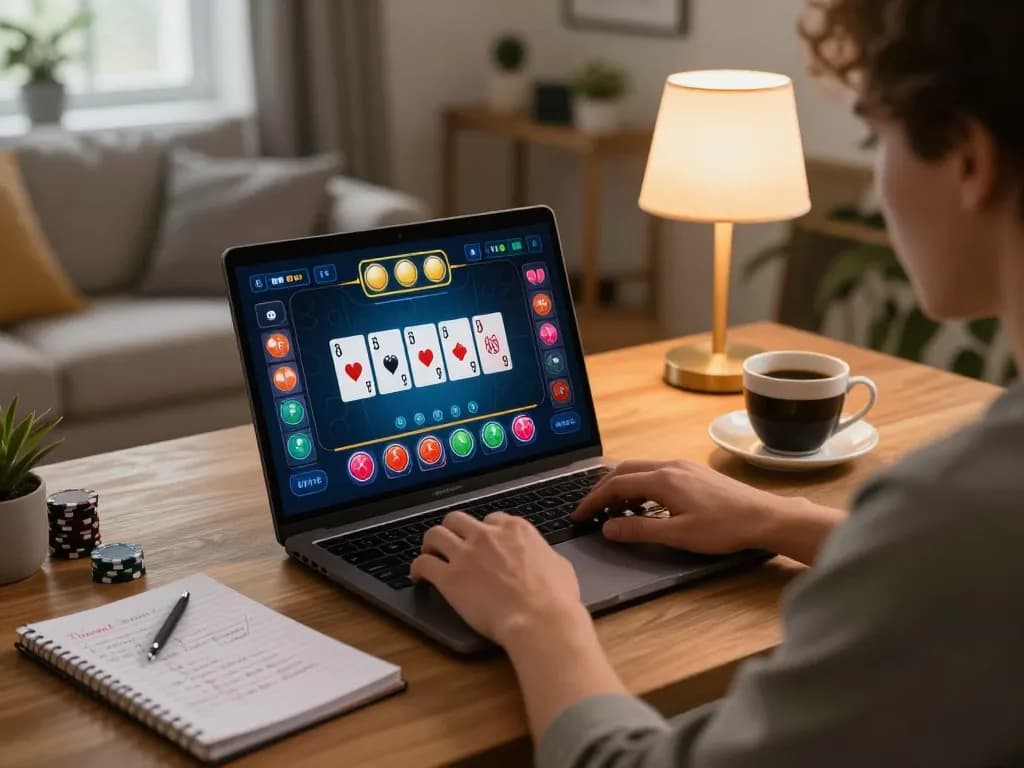 Engaging online poker gameplay on trang chủ Net88 with strategic betting interface in cozy home setting.