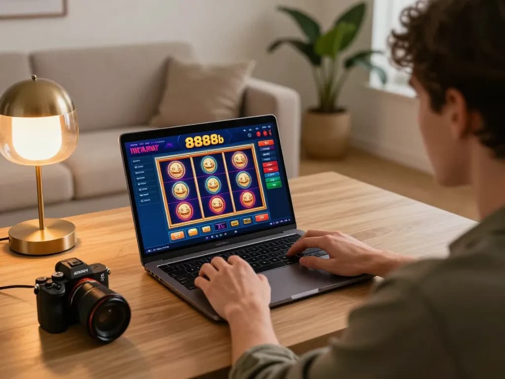 Engaged player enjoying 888b online casino games on laptop in cozy setting.