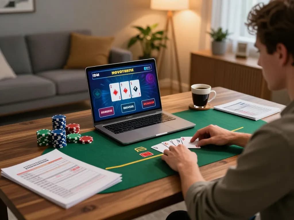 Player enjoying an engaging rokok 88 poker game at home on a laptop, emphasizing strategic betting.