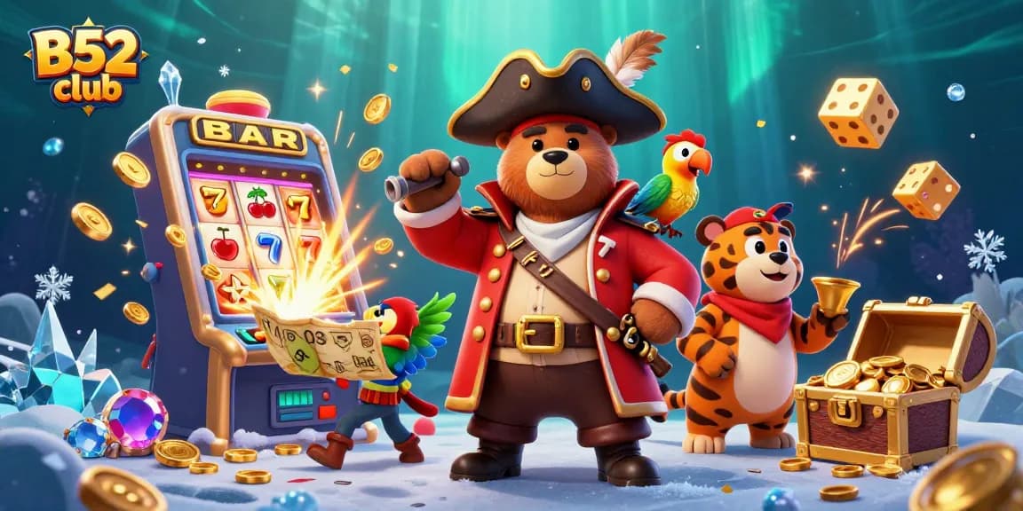 B52 club offers thrilling jackpot excitement with cartoon pirate characters enjoying vibrant casino game adventures.