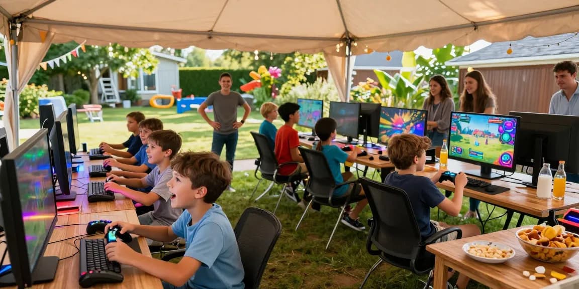 Gaming party London experience with kids enjoying multiplayer games in a vibrant tent setup.