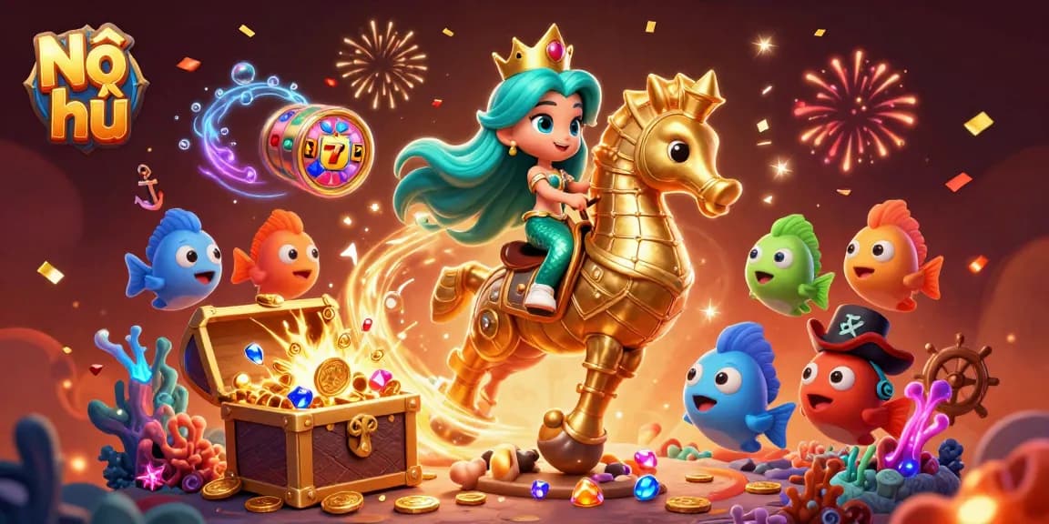 Nổ hũ game scene featuring vibrant mermaid and seahorse with treasure and slot elements