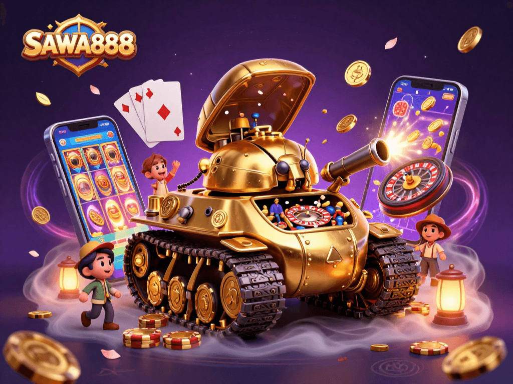 Spin the reels at SAWA888's virtual casino, featuring a unique tank with mini-games and lucky symbols.