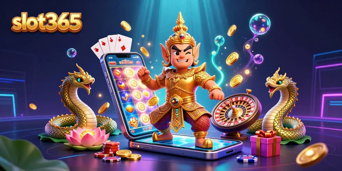 Join the excitement of slot365 with captivating games and golden rewards in this vibrant illustration.
