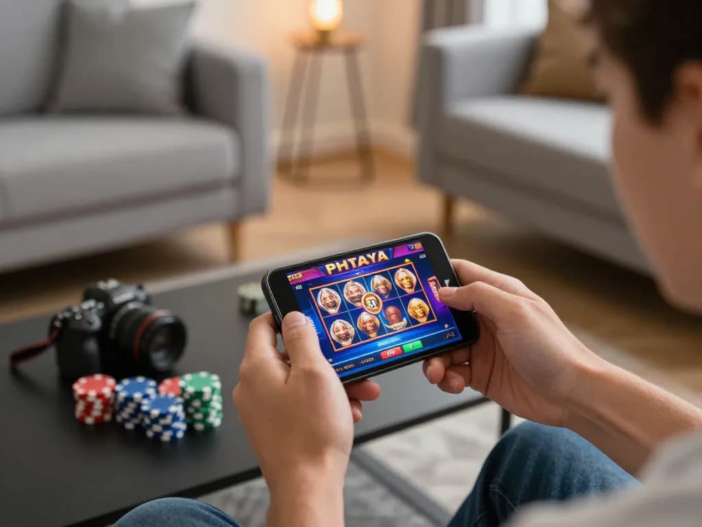 PHTAYA player enjoying mobile slots on a smartphone in a stylish home setup
