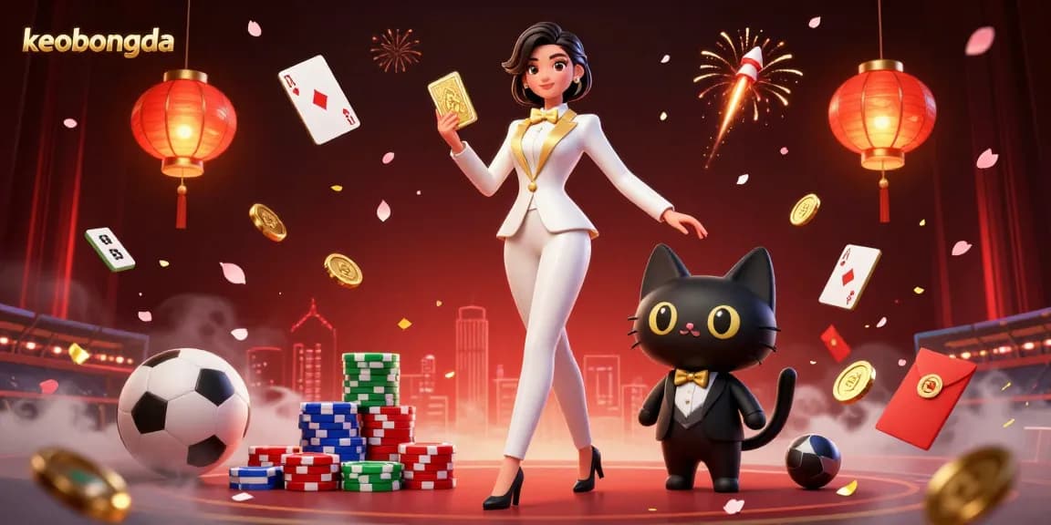 Engaging action scene showcasing keobongda with a glamorous woman shuffling cards alongside a stylish cat in a gambling atmosphere.