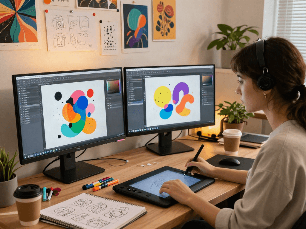 Graphic designer creating AI NSFW art in a vibrant studio.