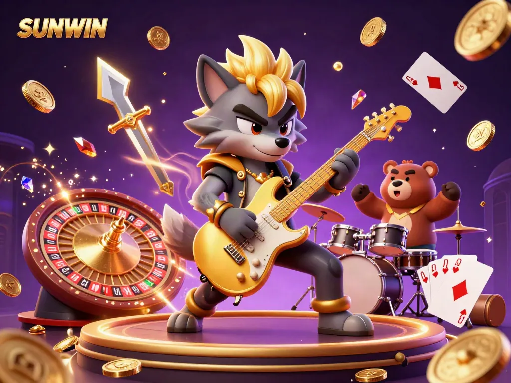 SUNWIN captivates with a vibrant casino scene showcasing a rock star wolf and wild drummer bear amid golden coins.