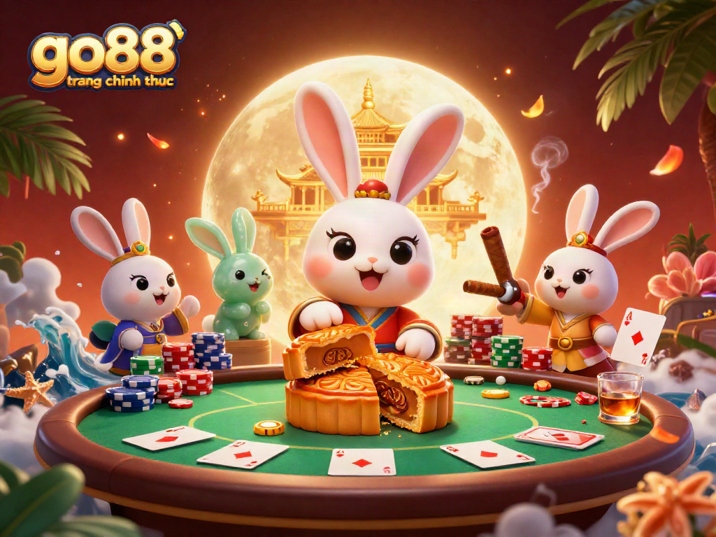 Play go88 trang chu chinh thuc with vibrant poker elements and a magical moon scene.