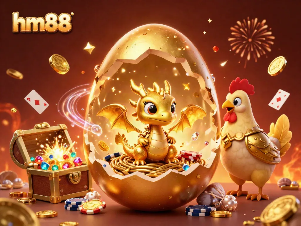 Experience the thrill of gaming with a majestic baby dragon and golden poker chips at hm88.