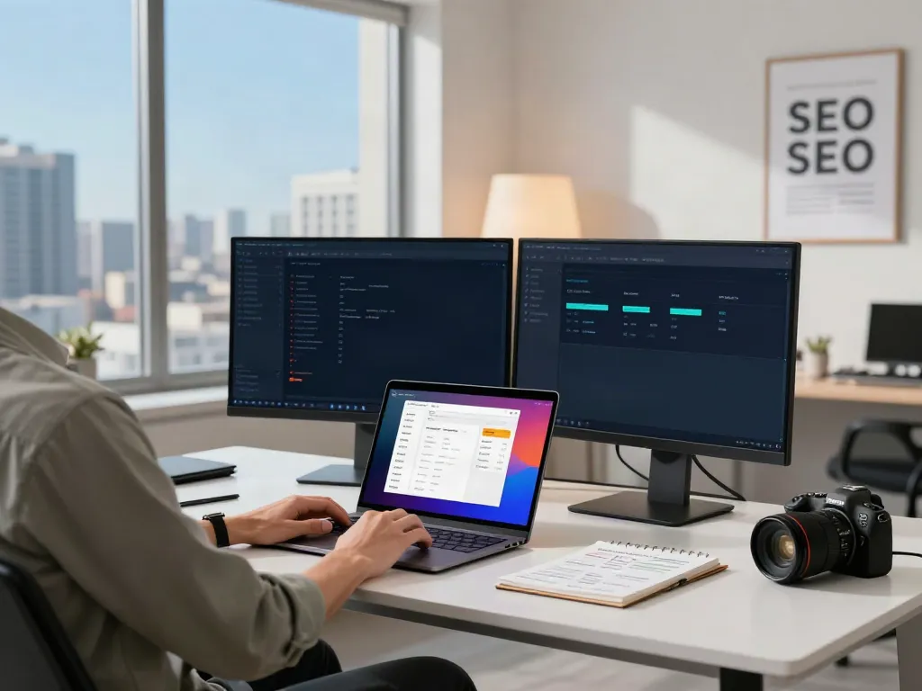 SEO expert analyzing instant indexing tools in a modern office.