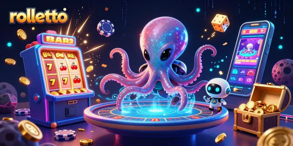 Experience rolletto’s thrill with an alien octopus at a poker table amid casino excitement!