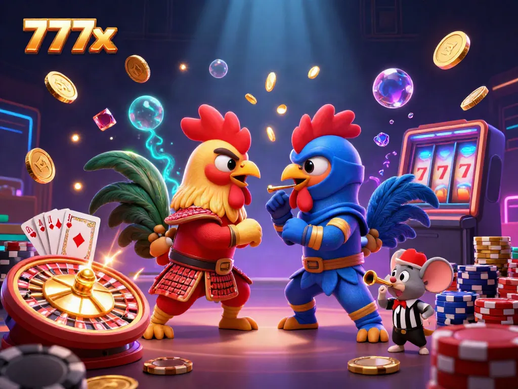 Engage in the dynamic standoff at 777x with roosters in samurai and ninja gear amidst casino elements.