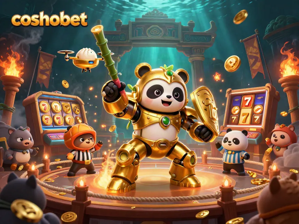 Engage with cosmobet, navigating the vibrant casino arena alongside the golden panda and dynamic characters.