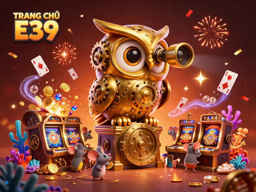 Spin the reels at TRANG CHỦ E39 with gold coins, treasure chests, and captivating casino elements.