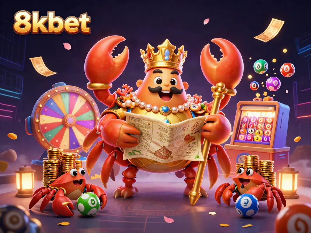 Engage in thrilling 8xbet lottery with vibrant balls, a golden crab emperor, and treasure in dynamic illustration.