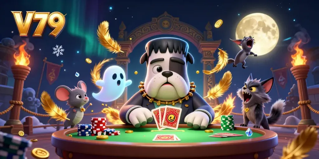 V79 showcases a haunted casino scene with Frankenstein bulldog dealer, ghost mouse, and werewolf kitten in a vibrant atmosphere.