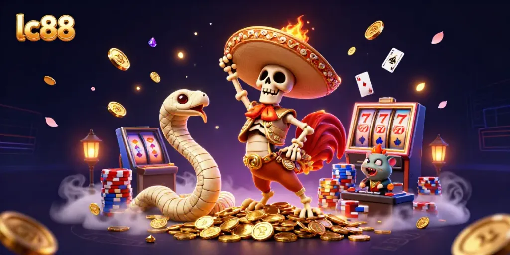 Engage in thrilling lc88 casino action with a vibrant, detailed 3D illustration featuring a festive scene of characters amidst slotted gold.