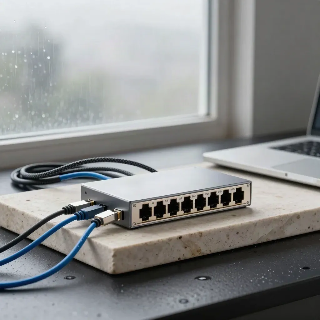 Network switch, braided leads, adapters and a closed laptop on stone in rainy blue window light.
