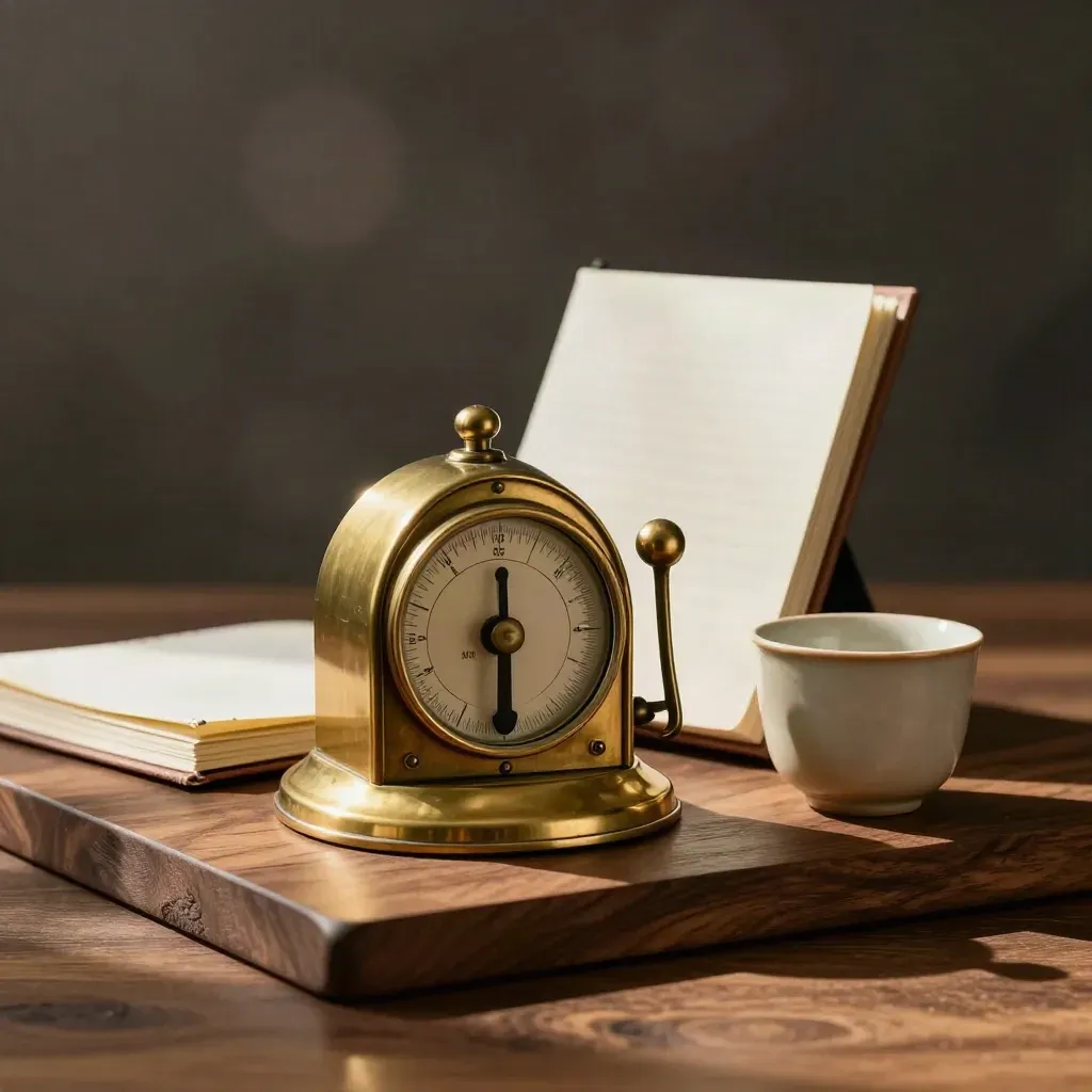 Brass tally counter, folded cloth notebook and ceramic cup on walnut in dramatic studio light