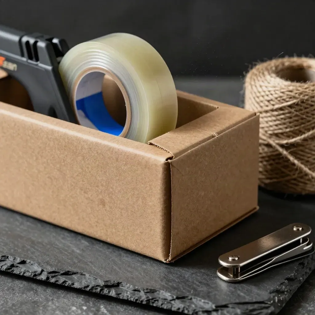 Tape gun, kraft box, twine spool and steel clip on dark stone in dramatic close-up