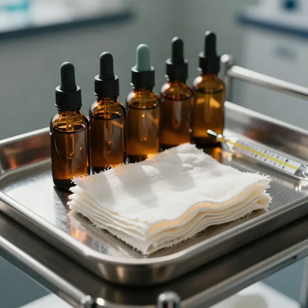 Macro clinic still life with amber bottles, gauze, thermometer and stainless tray on brushed metal.