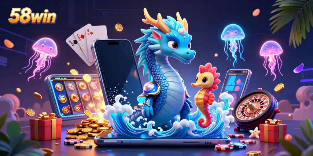 Engage in thrilling gameplay at 58win with a vibrant dragon, seahorse knight, and neon jellyfish.