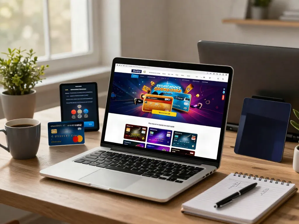Online gaming experience at a credit card casino with vibrant interface and various credit cards.