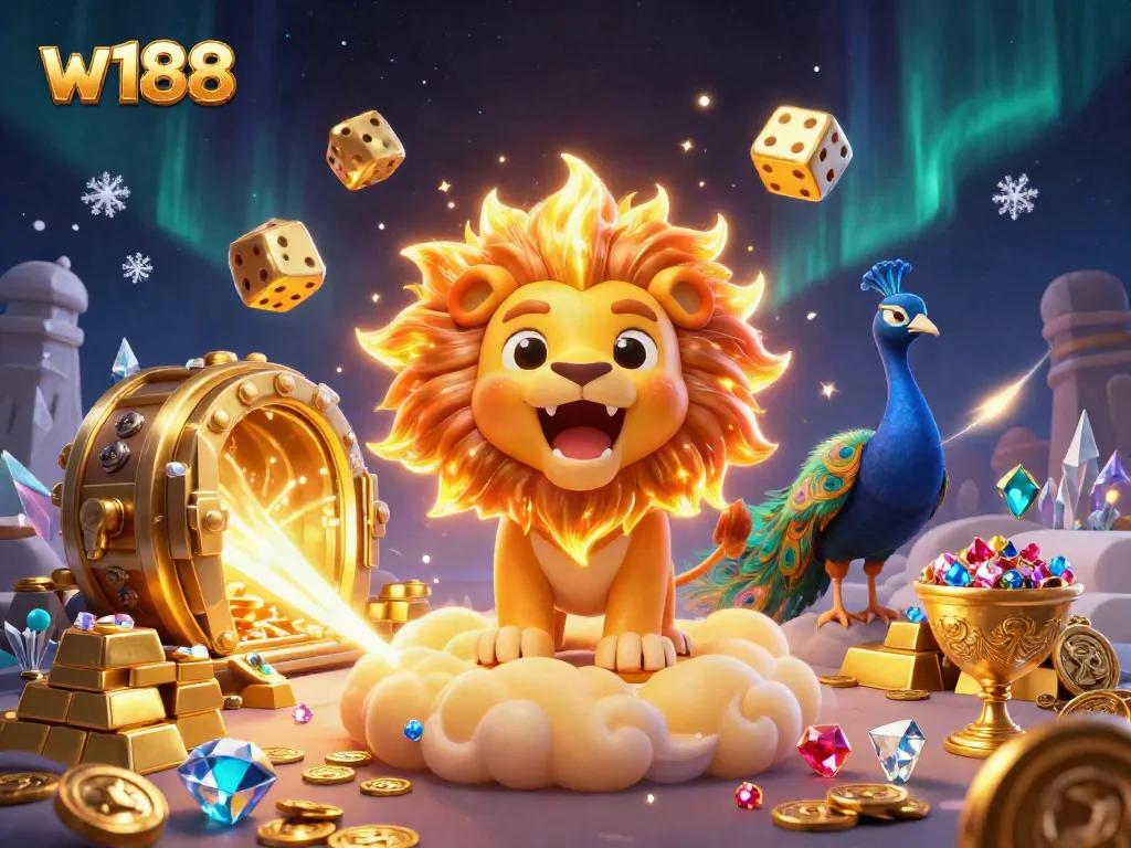 Experience the vibrant energy of w188 with a roaring sun lion and golden treasures in this dynamic casino illustration.