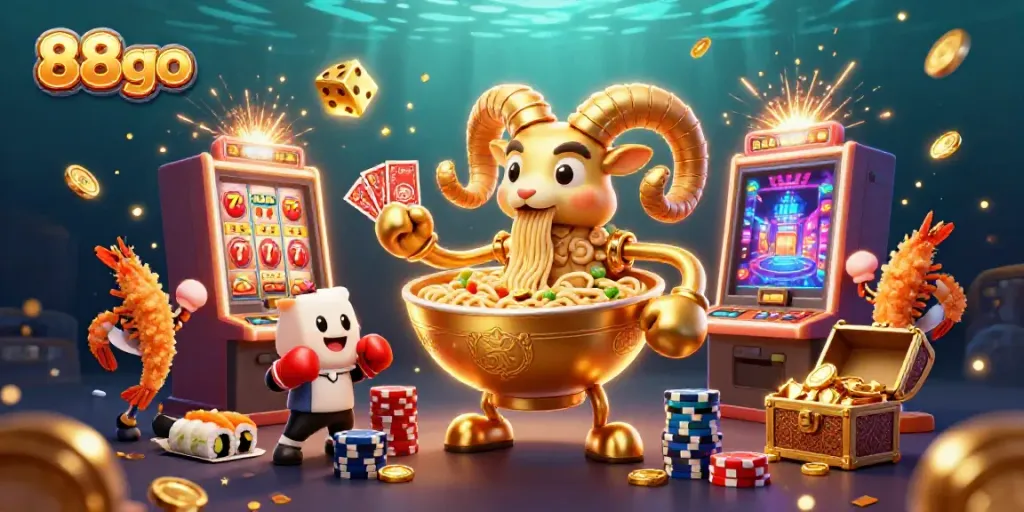 Experience the excitement of 88go as a giant ramen bowl character deals cards and coins amidst a vibrant casino scene.